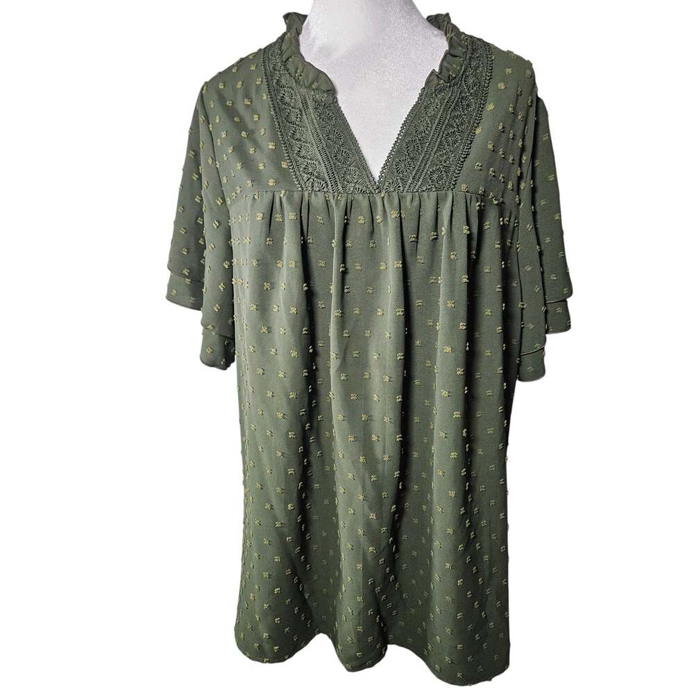 Falechay Swiss Dot Lace V-Neck Blouse 2XL Olive Green Flutter Sleeve Boho Top